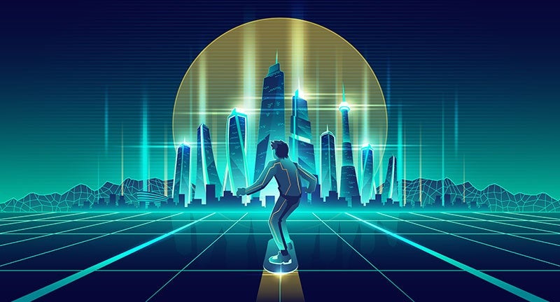 Man skateboarding in future metropolis vector, Man skateboarding in future metropolis vector Alcampo