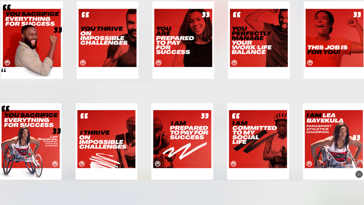 Motivational posters with athletes and bold text about overcoming challenges and achieving success.