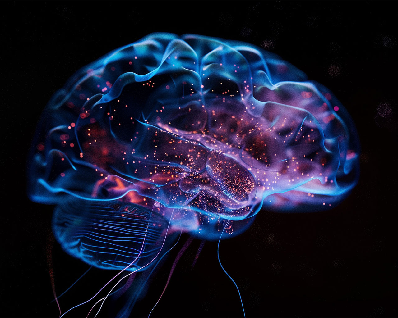 abstract visual of a futuristic brain with data streams