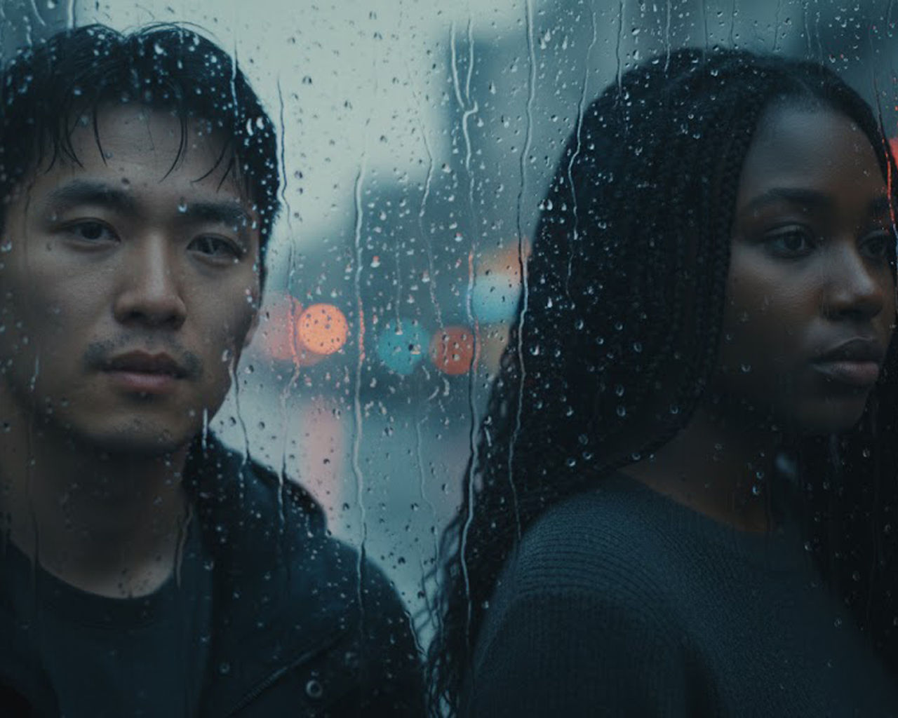 Two people seen through a rain-streaked window with blurred city lights outside.