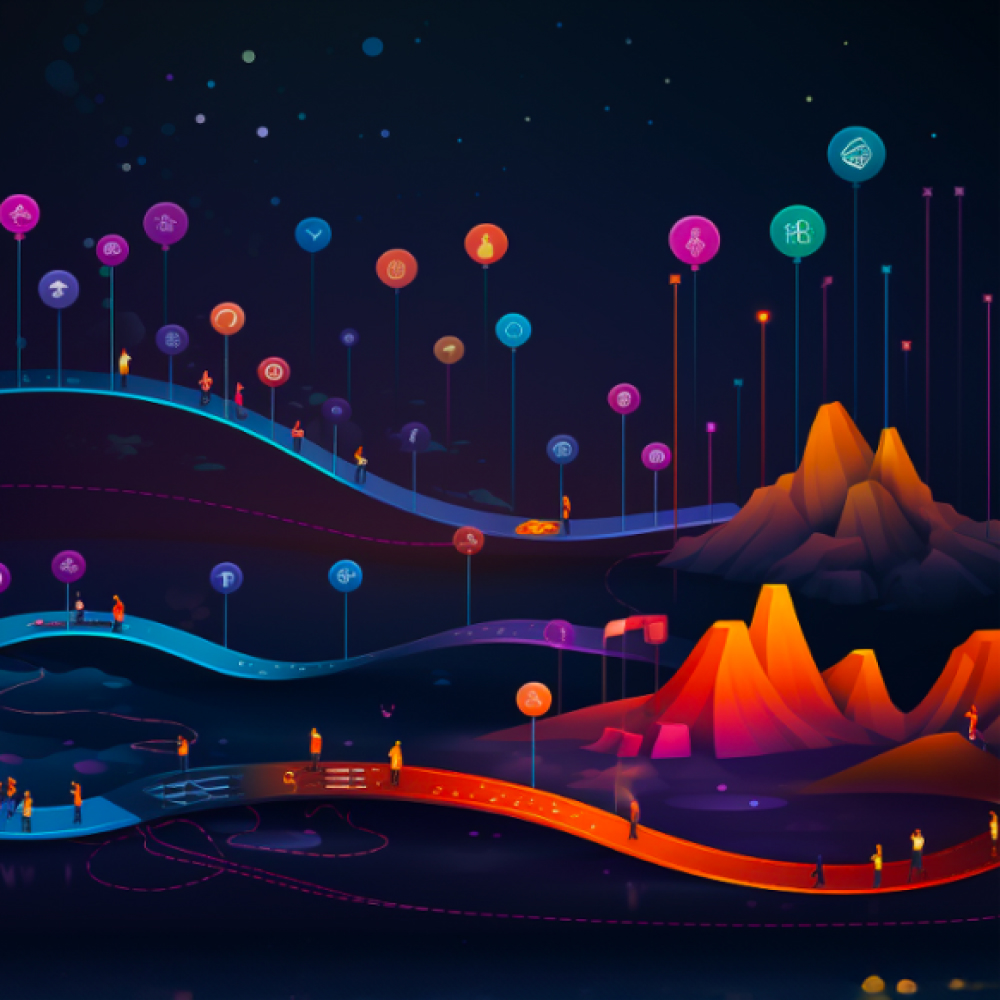 Bunte Illustration einer Bergkette, die mit verschiedenen farbigen Lichtern beleuchtet ist.