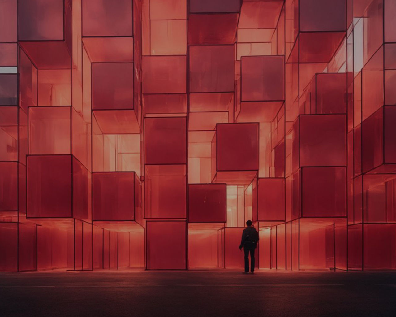 Person standing in front of a large wall made of illuminated red cubes.