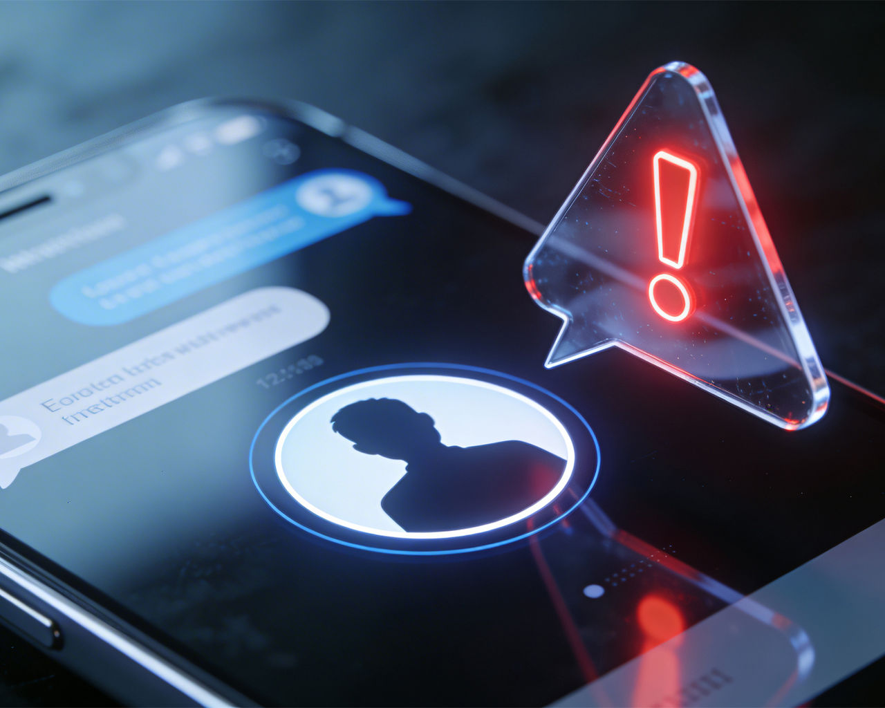 futuristic phone screen of ai chat signaling a red exclamation mark