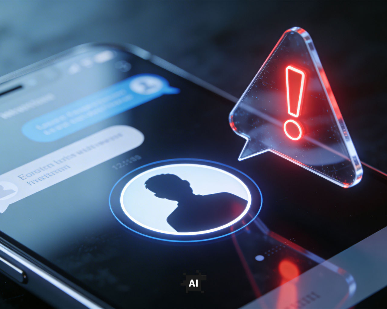 futuristic phone screen of ai chat signaling a red exclamation mark