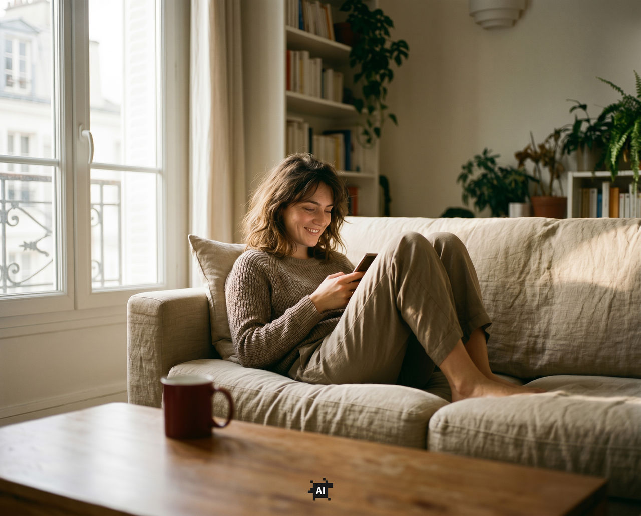 Woman relaxing on a sofa in a bright living room, smiling at her smartphone