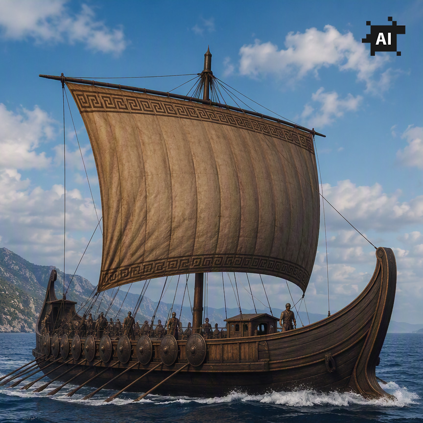 AI-generated illustration of an ancient sailing ship inspired by Homer’s Odyssey crossing the Mediterranean Sea. The vessel, featuring a large square sail, travels across calm waters against a backdrop of rugged coastal mountains. An AI icon in the upper-right corner identifies the image as AI-generated.