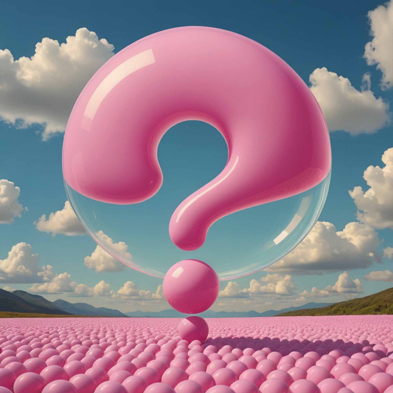Large pink question mark enclosed in a transparent sphere, standing on a landscape covered with countless pink spheres. Above is a bright blue sky with fluffy white clouds and mountains in the backround.