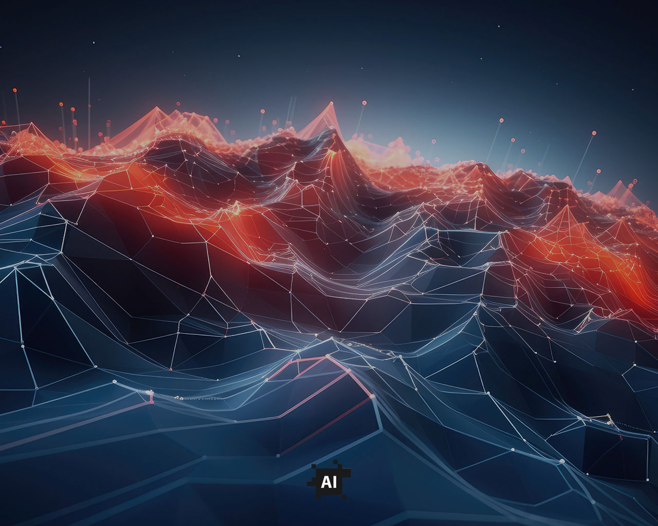 Digital mountain landscape with red and blue network grids and floating data points.