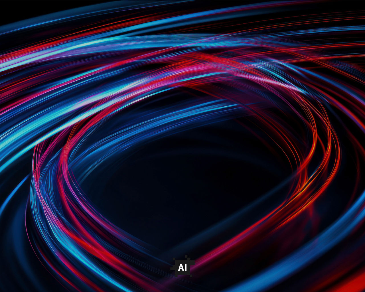 Abstract image of dynamic blue and red light trails on a black background.