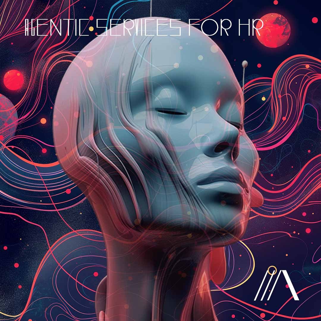 a robot head with swirling background. text: agentic services for HR