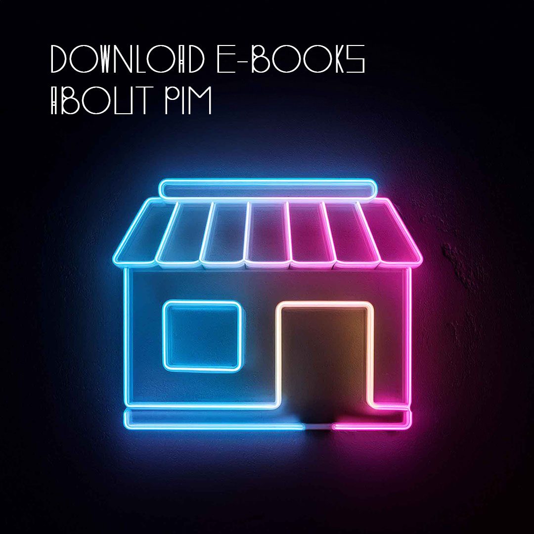 a shop in neon lights, text: download e-books about PIM