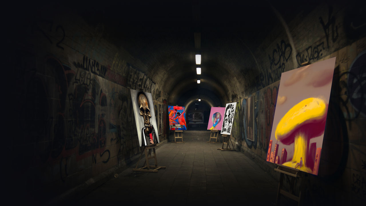 Artworks generated by artificial intelligence placed as an exhibition under a bridge