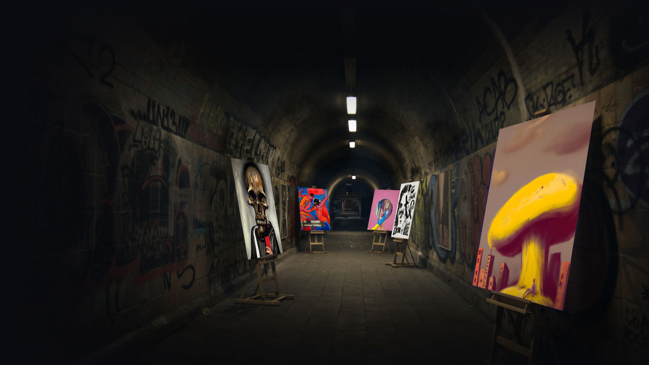 Artworks generated by artificial intelligence placed as an exhibition under a bridge